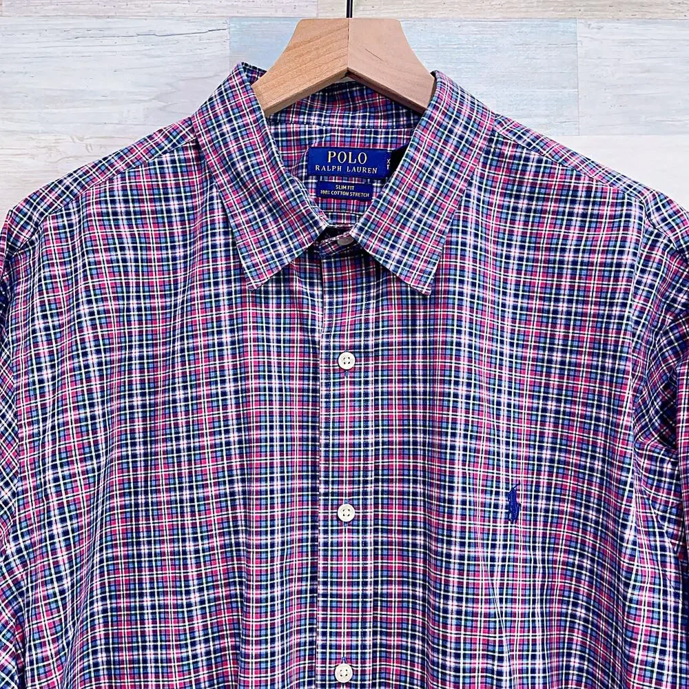 POLO Ralph Lauren Slim Cotton Stretch Shirt Blue Red Plaid Casual Mens XXL 2XL